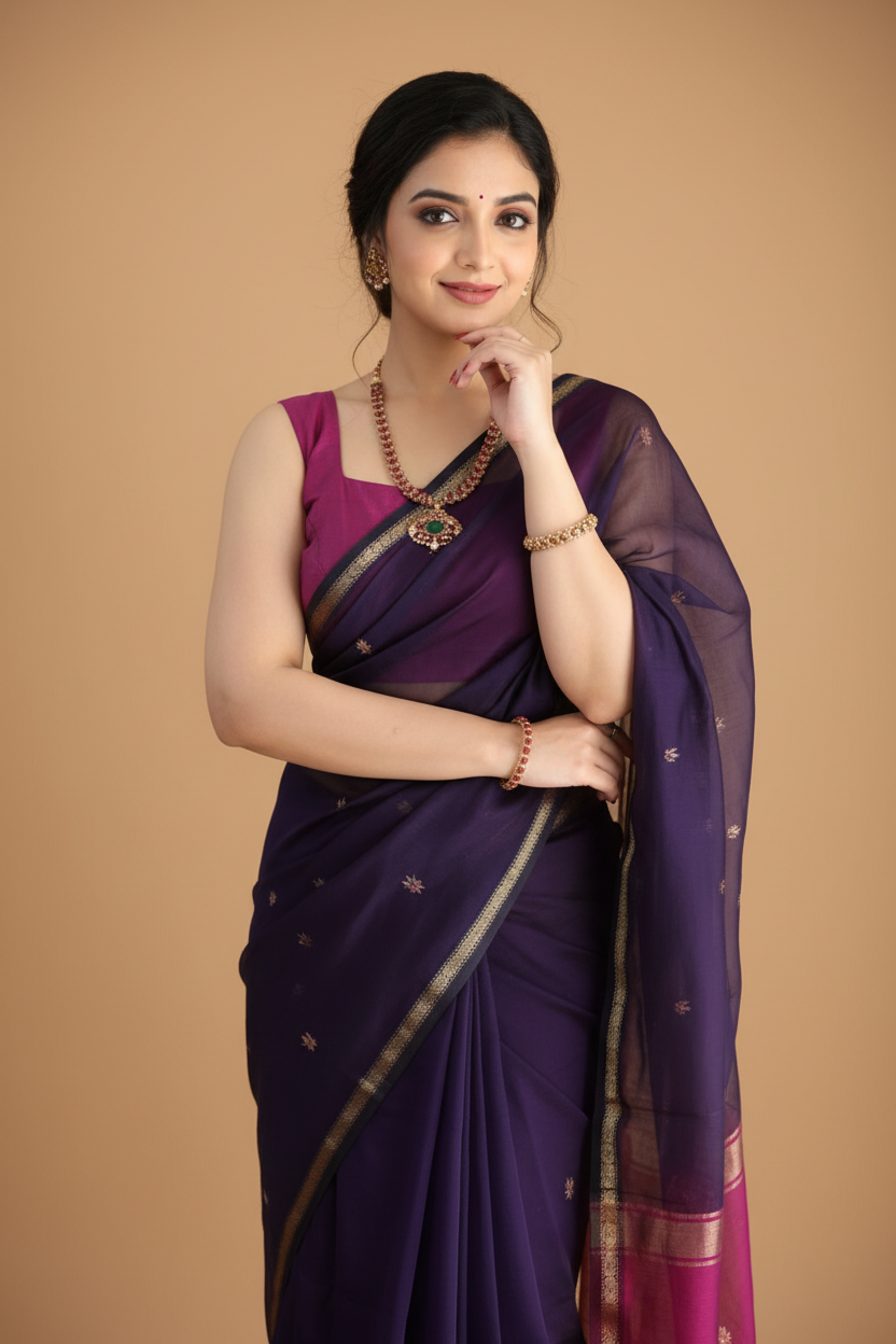 Snuggle Spot Women's Cotton  Printed Saree With Unstitched Blouse 5.5Mtr (Navy Blue)