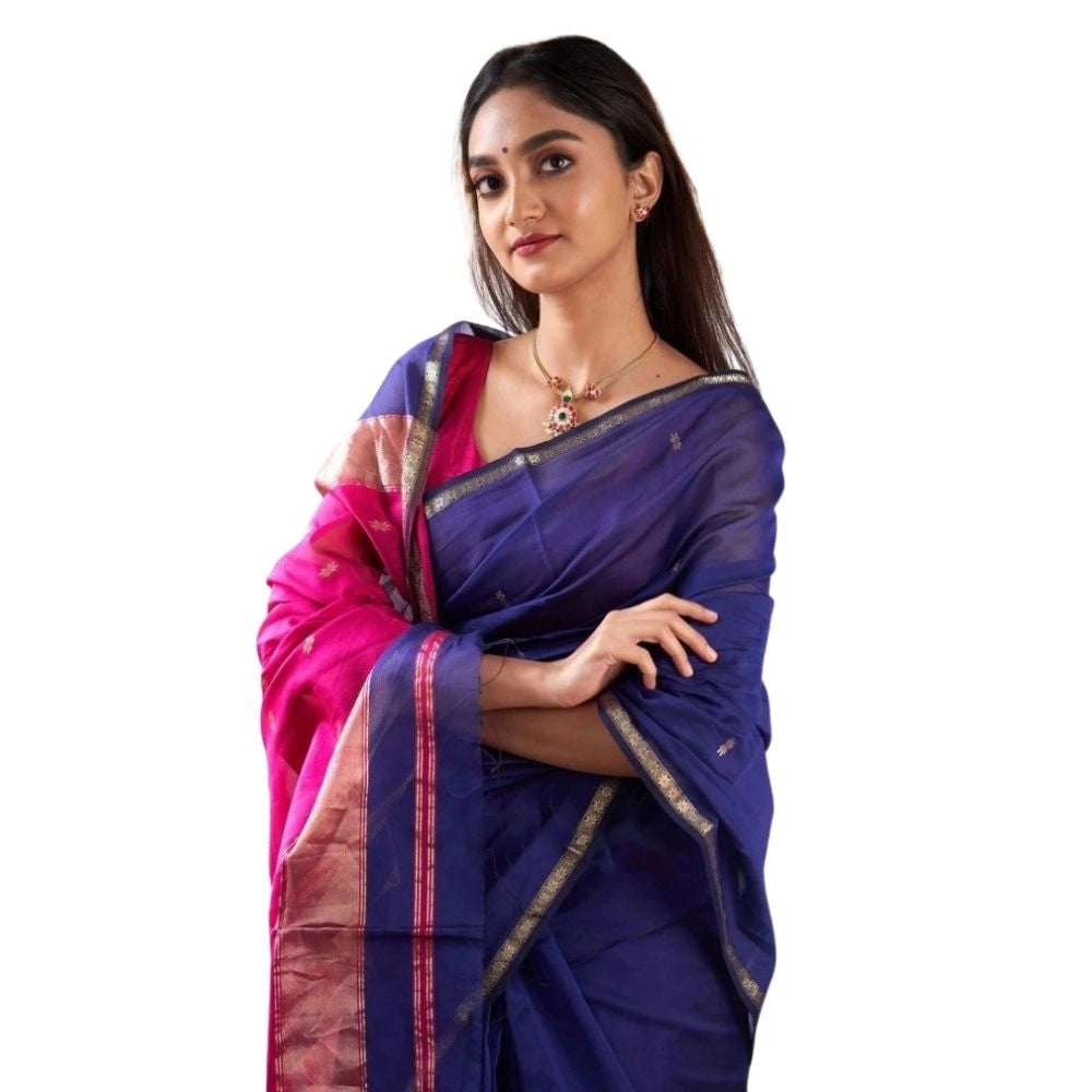 Snuggle Spot Women's Cotton  Printed Saree With Unstitched Blouse 5.5Mtr (Blue)