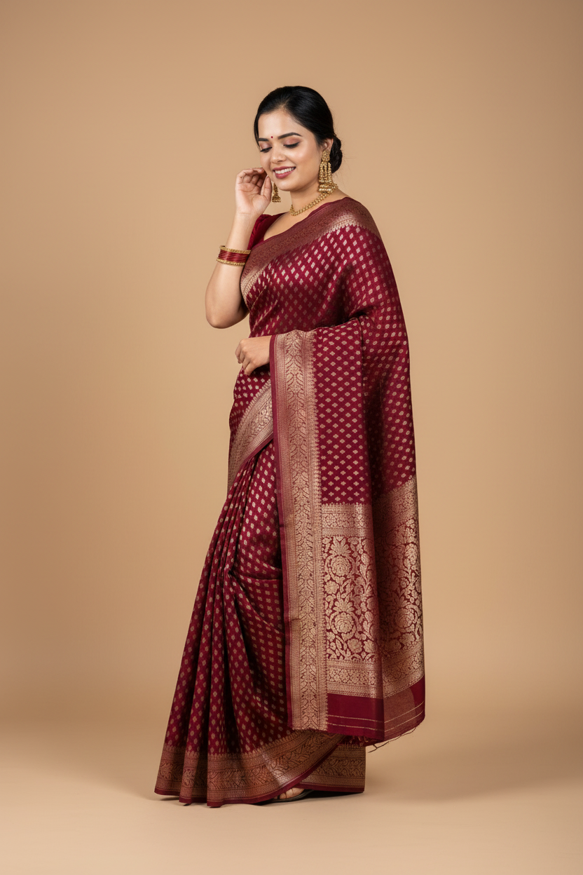 Snuggle Spot Women's Silk Printed Saree With Unstitched Blouse 5.5Mtr (Maroon)