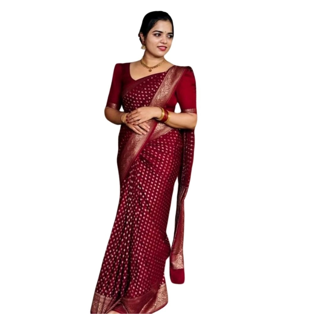Snuggle Spot Women's Silk Printed Saree With Unstitched Blouse 5.5Mtr (Maroon)