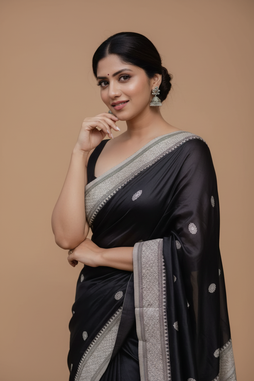Snuggle Spot Women's Silk Printed Saree With Unstitched Blouse 5.5Mtr (Black)