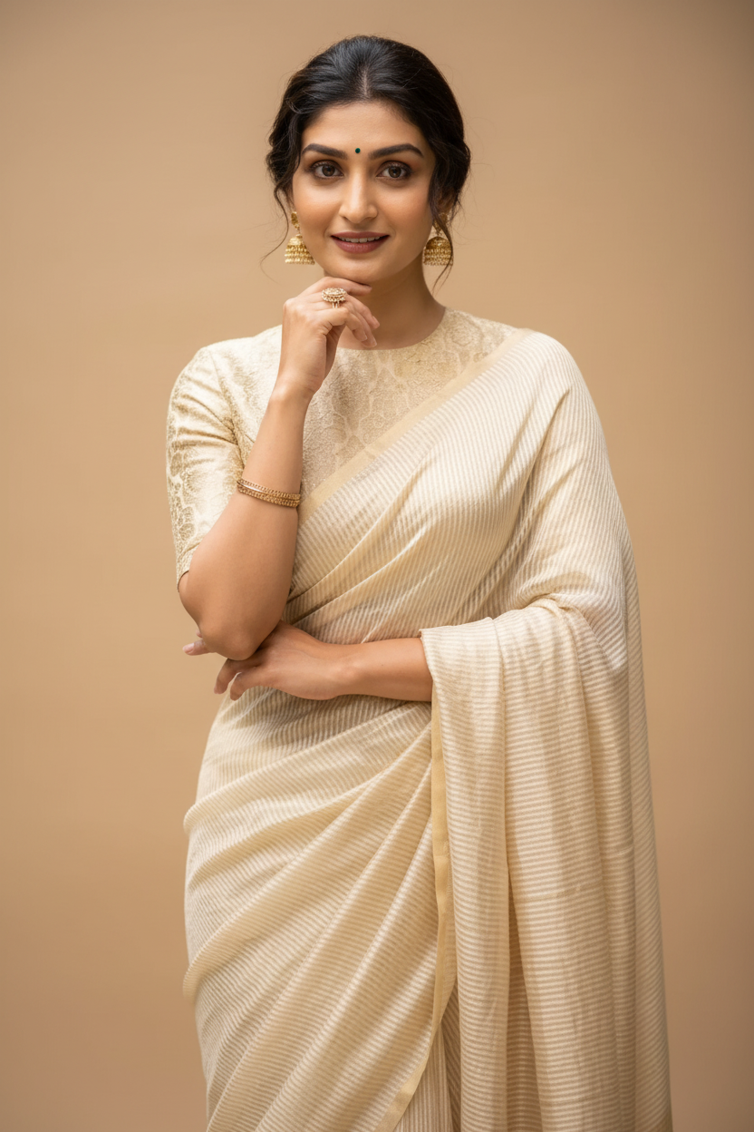 Snuggle Spot Women's Silk Printed Saree With Unstitched Blouse 5.5Mtr (Off White)