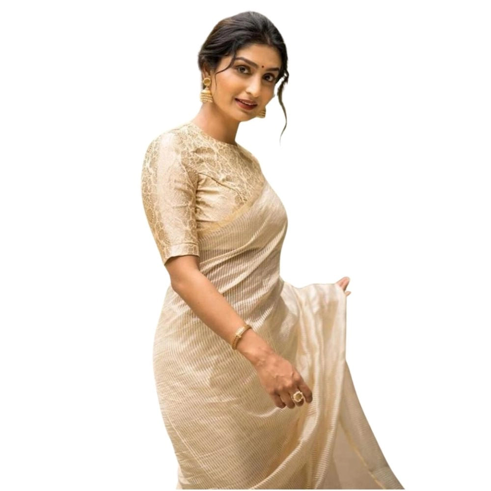 Snuggle Spot Women's Silk Printed Saree With Unstitched Blouse 5.5Mtr (Off White)