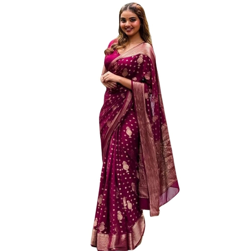 Snuggle Spot Women's Silk Printed Saree With Unstitched Blouse 5.5Mtr (Wine)
