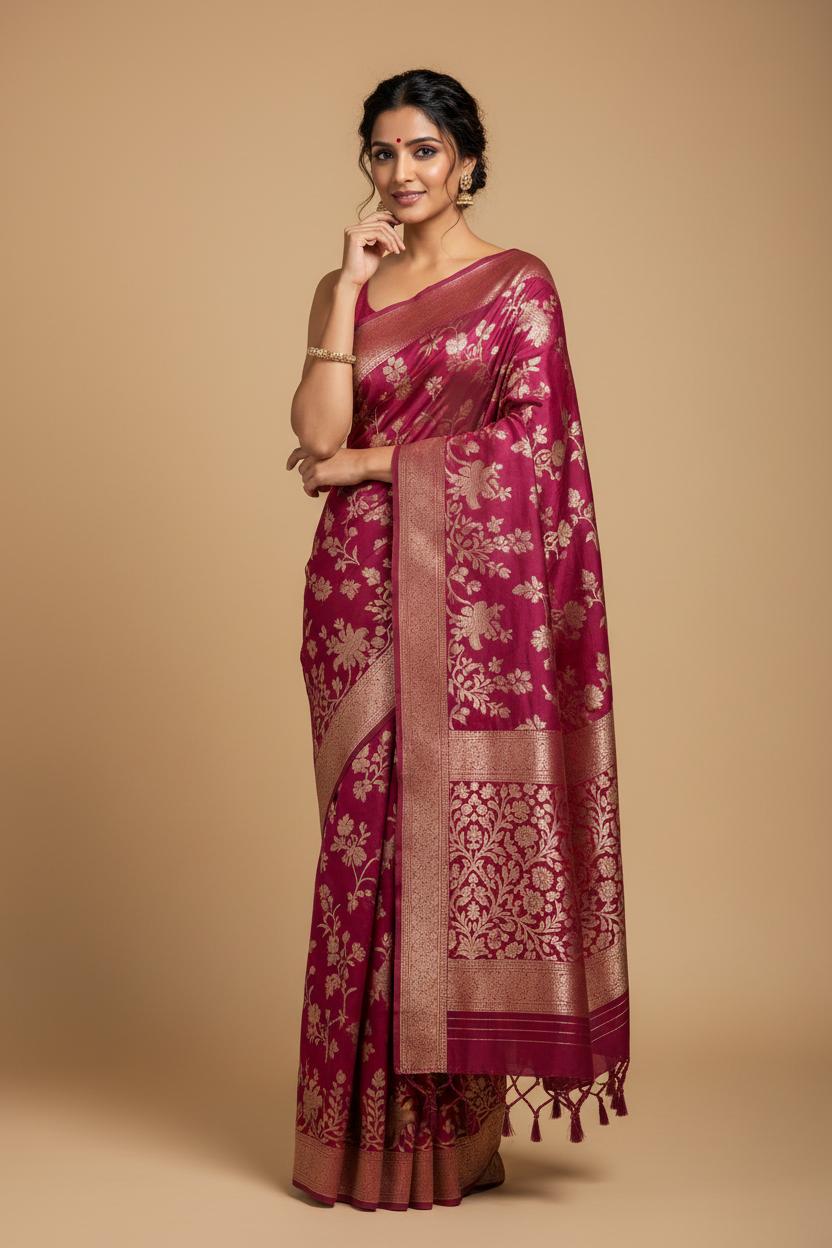 Snuggle Spot Women's Silk Printed Saree With Unstitched Blouse 5.5Mtr (Wine)
