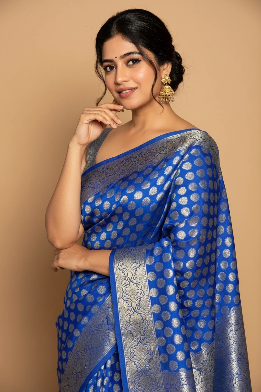 Snuggle Spot Women's Silk Printed Saree With Unstitched Blouse 5.5Mtr (Royal Blue)