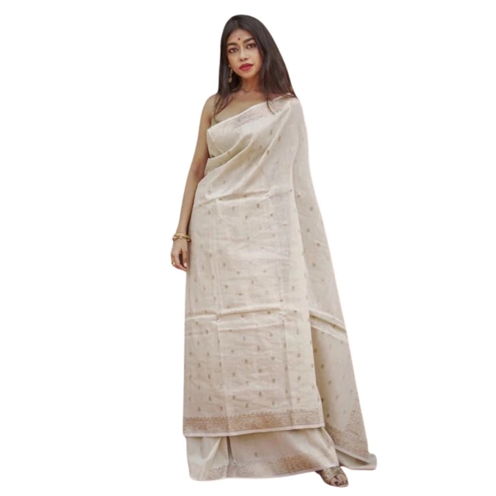 Snuggle Spot Women's Cotton  Printed Saree With Unstitched Blouse 5.5Mtr (Cream)