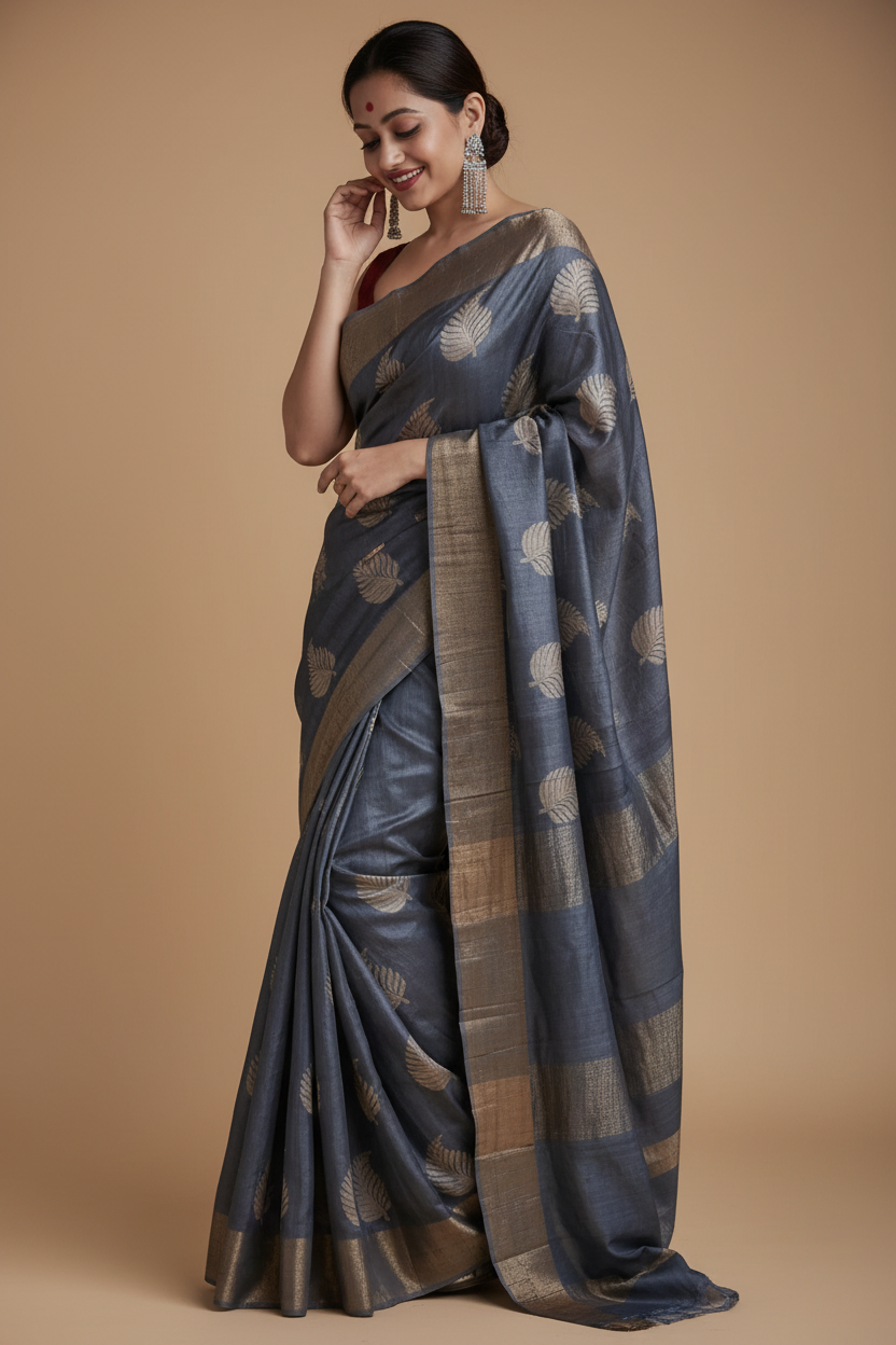 Snuggle Spot Women's Silk Printed Saree With Unstitched Blouse 5.5Mtr (Grey)