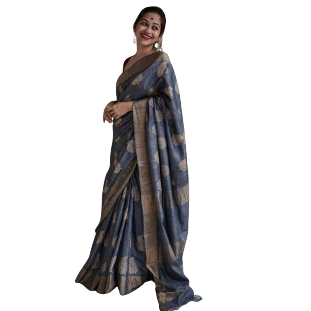 Snuggle Spot Women's Silk Printed Saree With Unstitched Blouse 5.5Mtr (Grey)