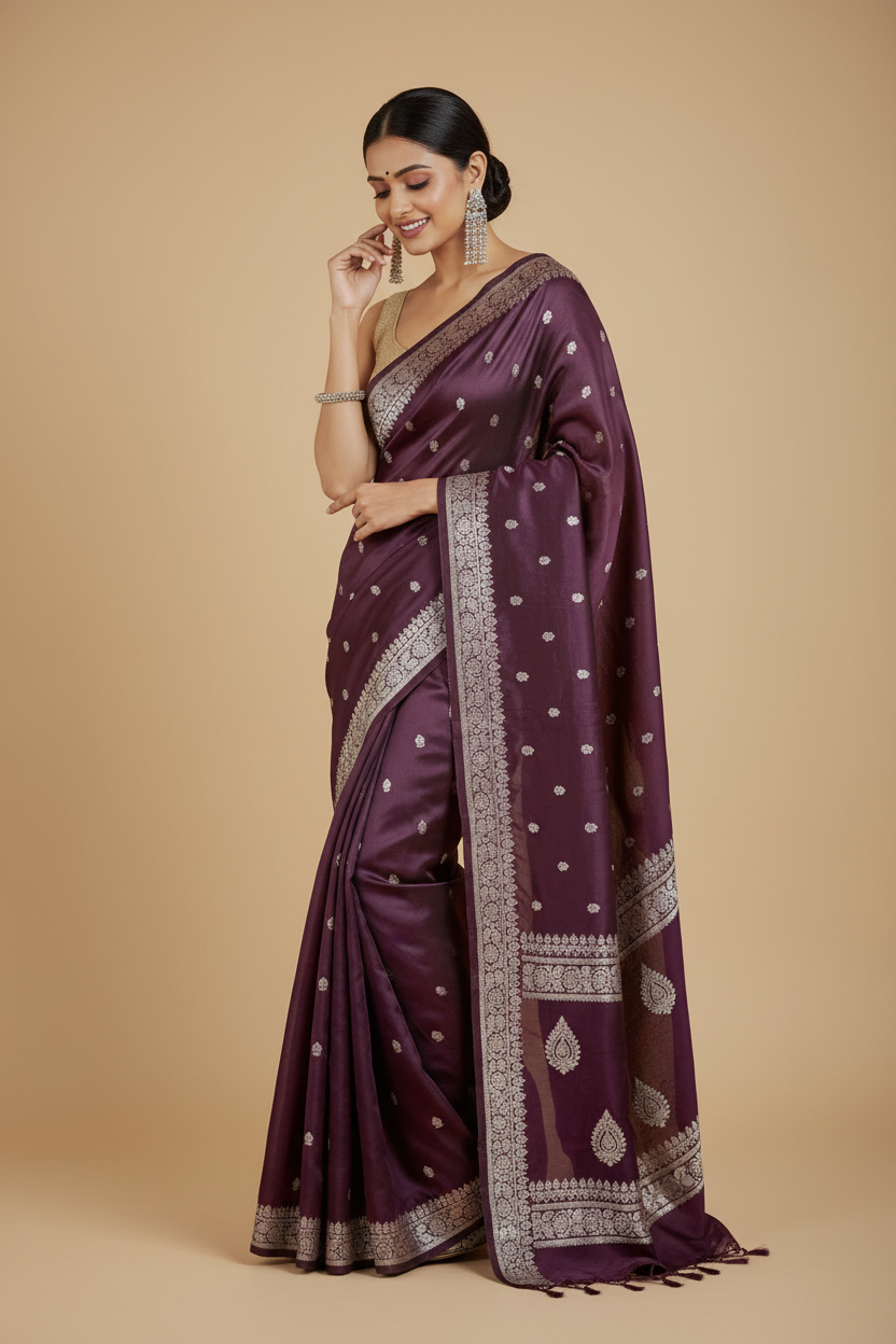 Snuggle Spot Women's Cotton  Printed Saree With Unstitched Blouse 5.5Mtr (Purple)