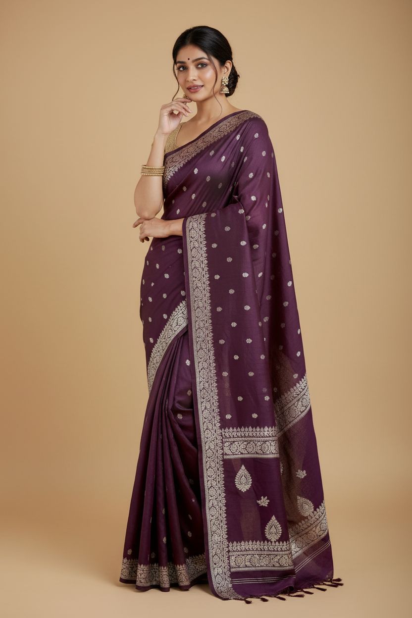 Snuggle Spot Women's Cotton  Printed Saree With Unstitched Blouse 5.5Mtr (Purple)