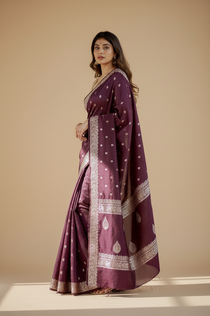 Snuggle Spot Women's Cotton  Printed Saree With Unstitched Blouse 5.5Mtr (Purple)