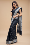 Snuggle Spot Women's Silk Printed Saree With Unstitched Blouse 5.5Mtr (Black)
