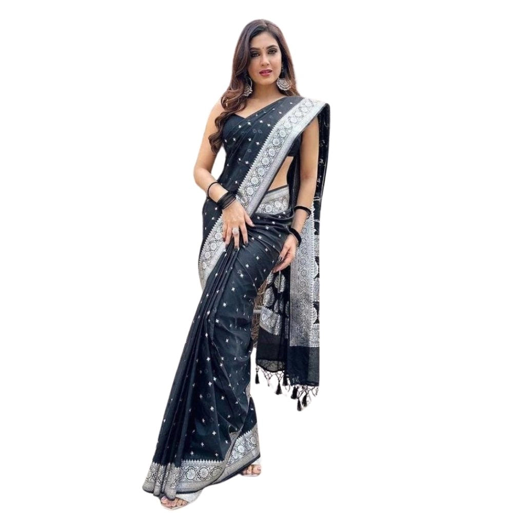Snuggle Spot Women's Silk Printed Saree With Unstitched Blouse 5.5Mtr (Black)