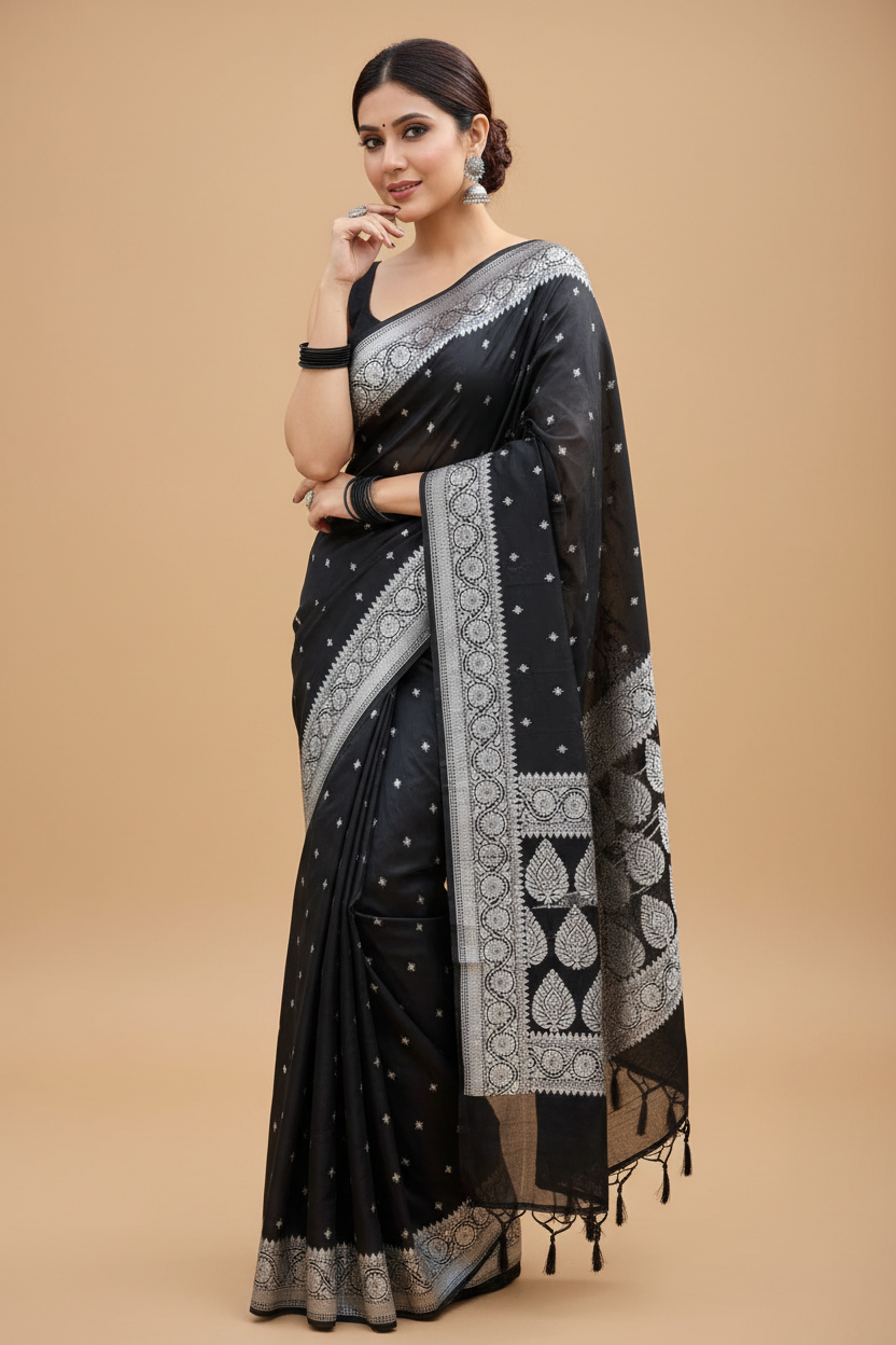Snuggle Spot Women's Silk Printed Saree With Unstitched Blouse 5.5Mtr (Black)