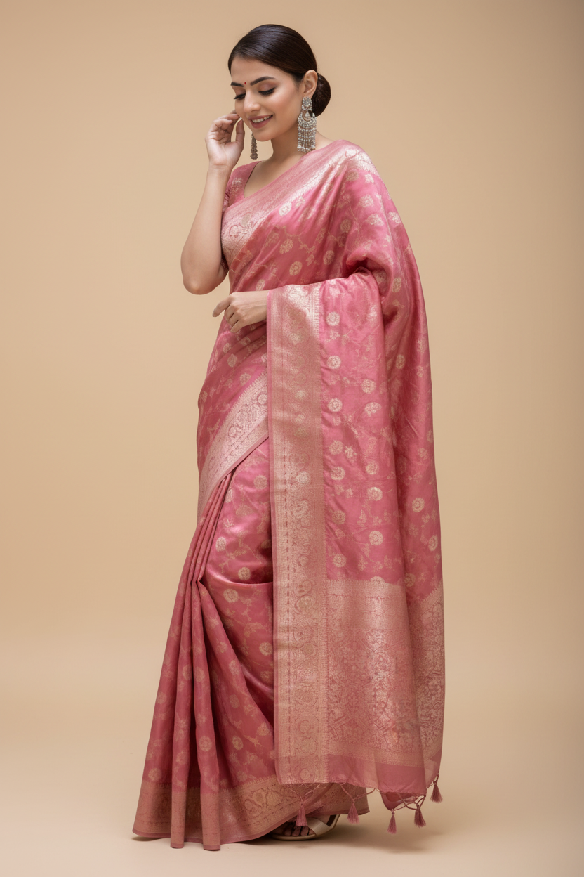 Snuggle Spot Women's Silk Printed Saree With Unstitched Blouse 5.5Mtr (Peach)