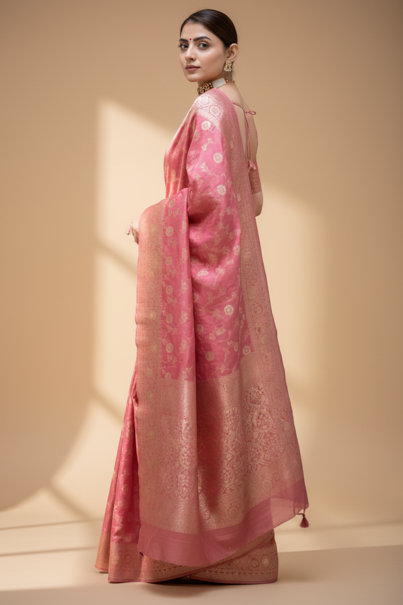 Snuggle Spot Women's Silk Printed Saree With Unstitched Blouse 5.5Mtr (Peach)