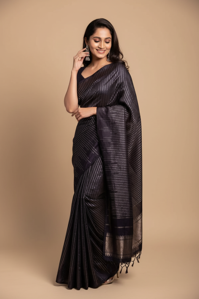 Snuggle Spot Women's Silk Printed Saree With Unstitched Blouse 5.5Mtr (Black)