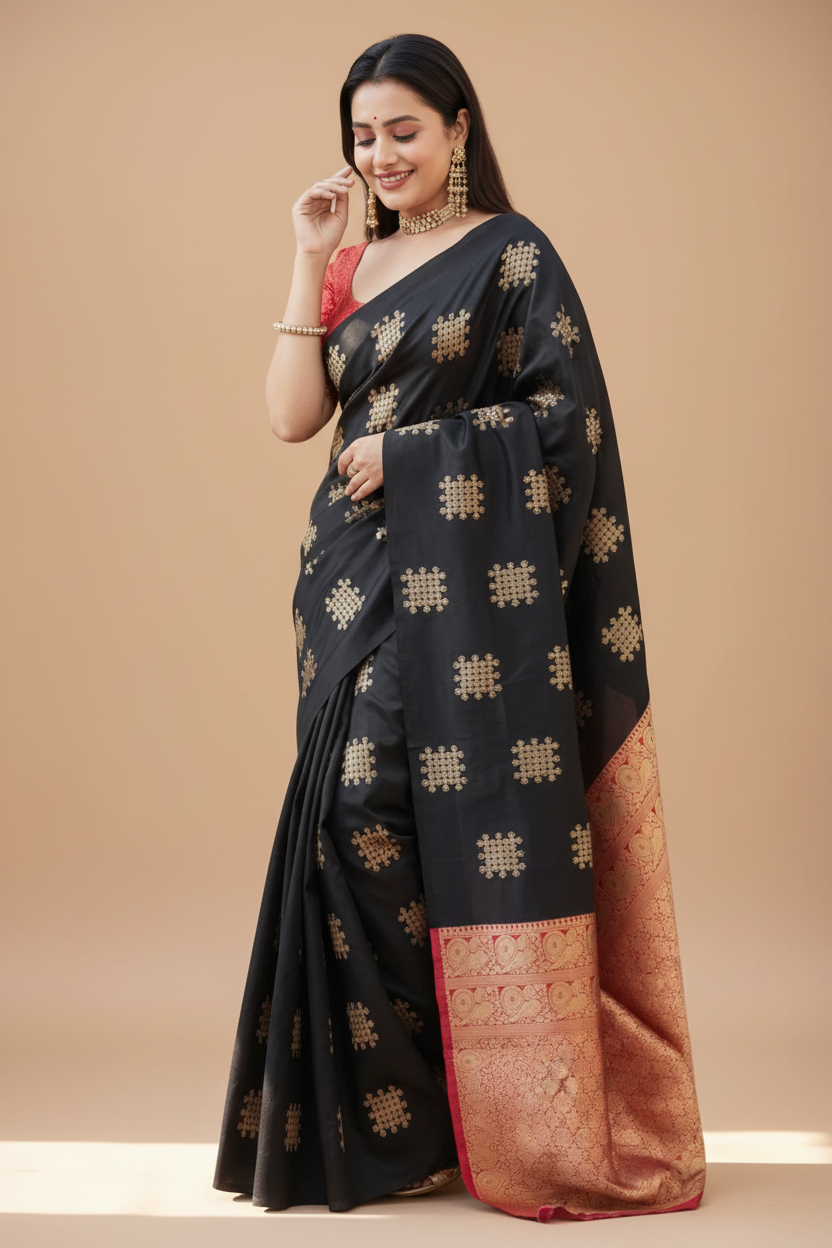 Snuggle Spot Women's Silk Printed Saree With Unstitched Blouse 5.5Mtr (Blacl-Orange)
