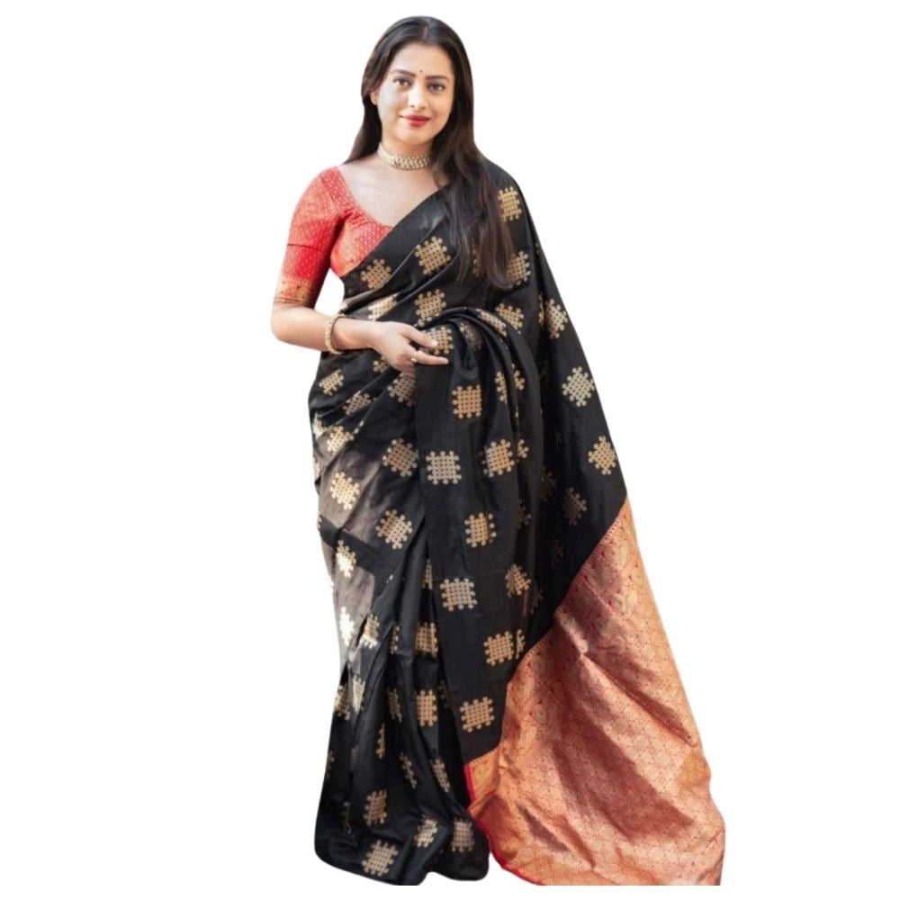Snuggle Spot Women's Silk Printed Saree With Unstitched Blouse 5.5Mtr (Blacl-Orange)