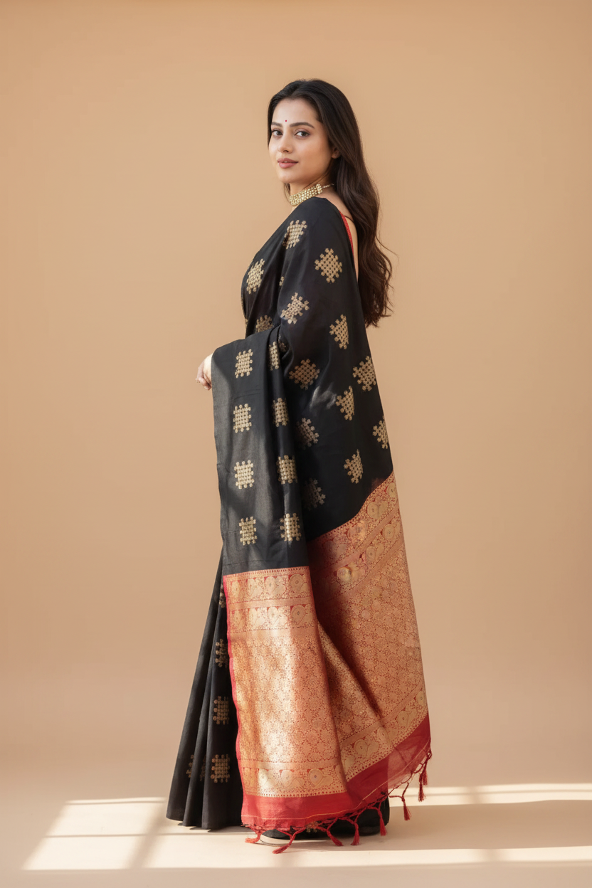 Snuggle Spot Women's Silk Printed Saree With Unstitched Blouse 5.5Mtr (Blacl-Orange)