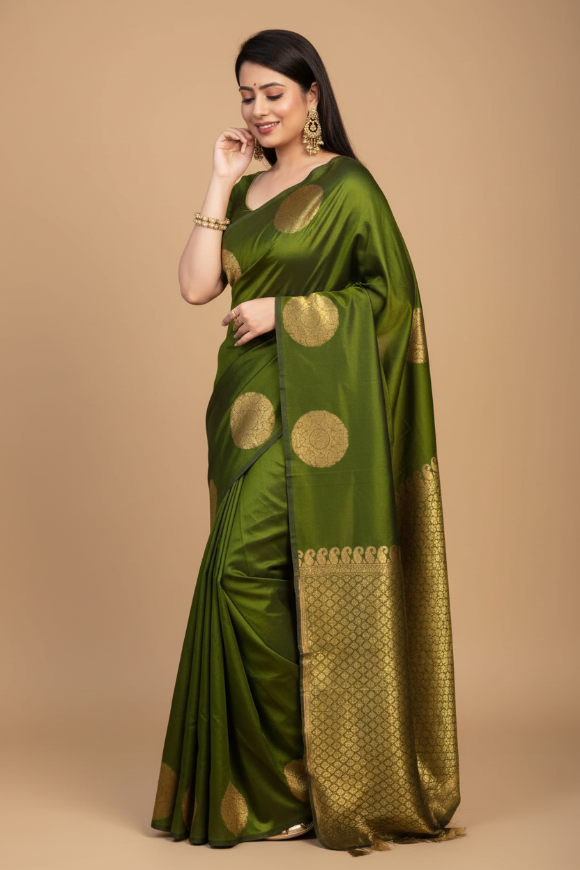 Snuggle Spot Women's Silk Printed Saree With Unstitched Blouse 5.5Mtr (Green)