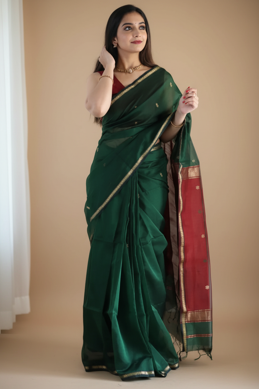 Snuggle Spot Women's Cotton  Printed Saree With Unstitched Blouse 5.5Mtr (Dark Green)