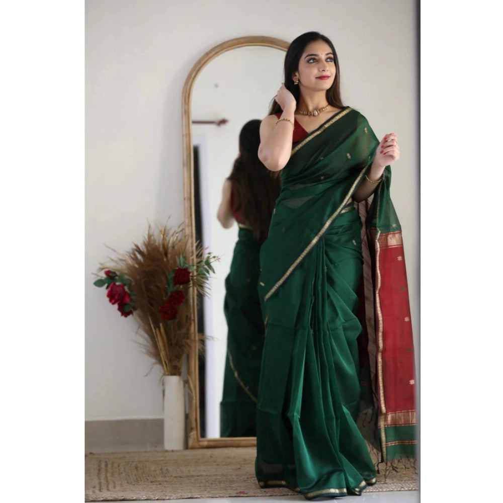 Snuggle Spot Women's Cotton  Printed Saree With Unstitched Blouse 5.5Mtr (Dark Green)