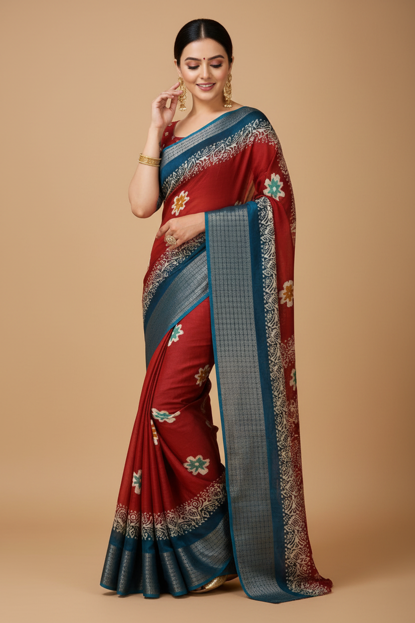 Snuggle Spot Women's Soft Blooming Marshmallow Fabric Kalamkari Printed Saree With Unstitched Blouse 5.5Mtr (Red)