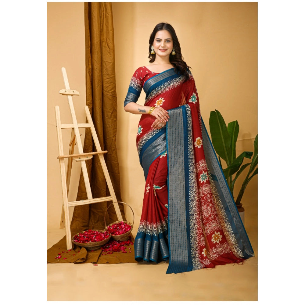 Snuggle Spot Women's Soft Blooming Marshmallow Fabric Kalamkari Printed Saree With Unstitched Blouse 5.5Mtr (Red)