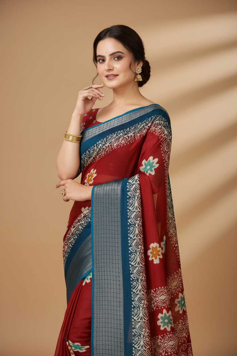 Snuggle Spot Women's Soft Blooming Marshmallow Fabric Kalamkari Printed Saree With Unstitched Blouse 5.5Mtr (Red)