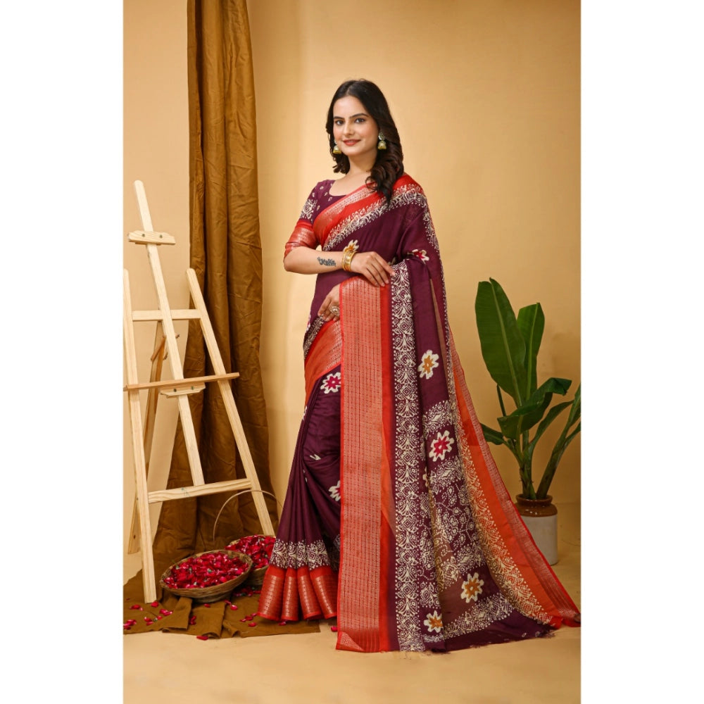 Snuggle Spot Women's Soft Blooming Marshmallow Fabric Kalamkari Printed Saree With Unstitched Blouse 5.5Mtr (Wine)