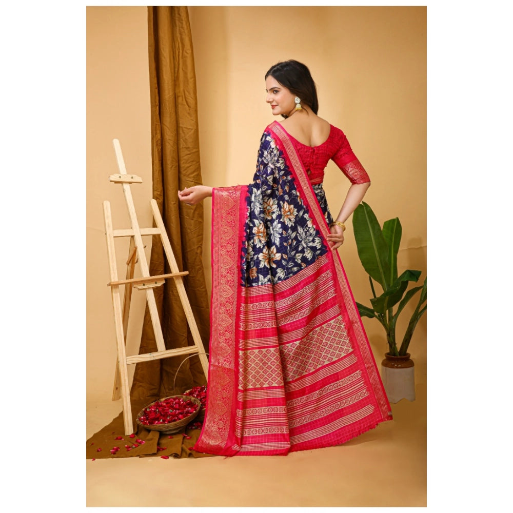 Snuggle Spot Women's Soft Dola Cotton Kalamkari Printed Saree With Unstitched Blouse 5.5Mtr (Navy Blue)