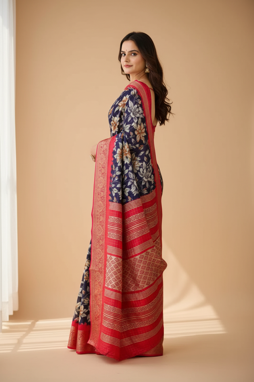 Snuggle Spot Women's Soft Dola Cotton Kalamkari Printed Saree With Unstitched Blouse 5.5Mtr (Navy Blue)