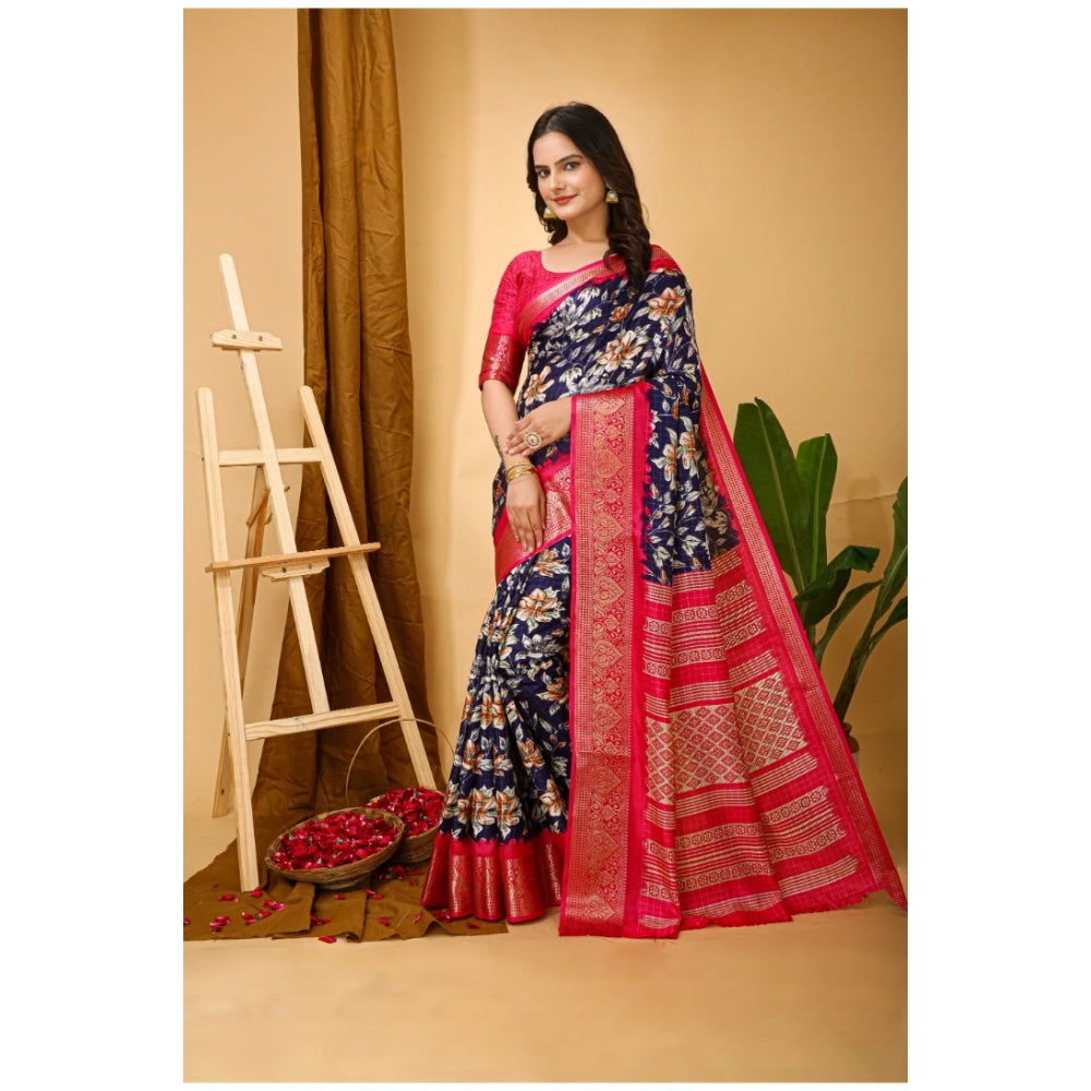 Snuggle Spot Women's Soft Dola Cotton Kalamkari Printed Saree With Unstitched Blouse 5.5Mtr (Navy Blue)