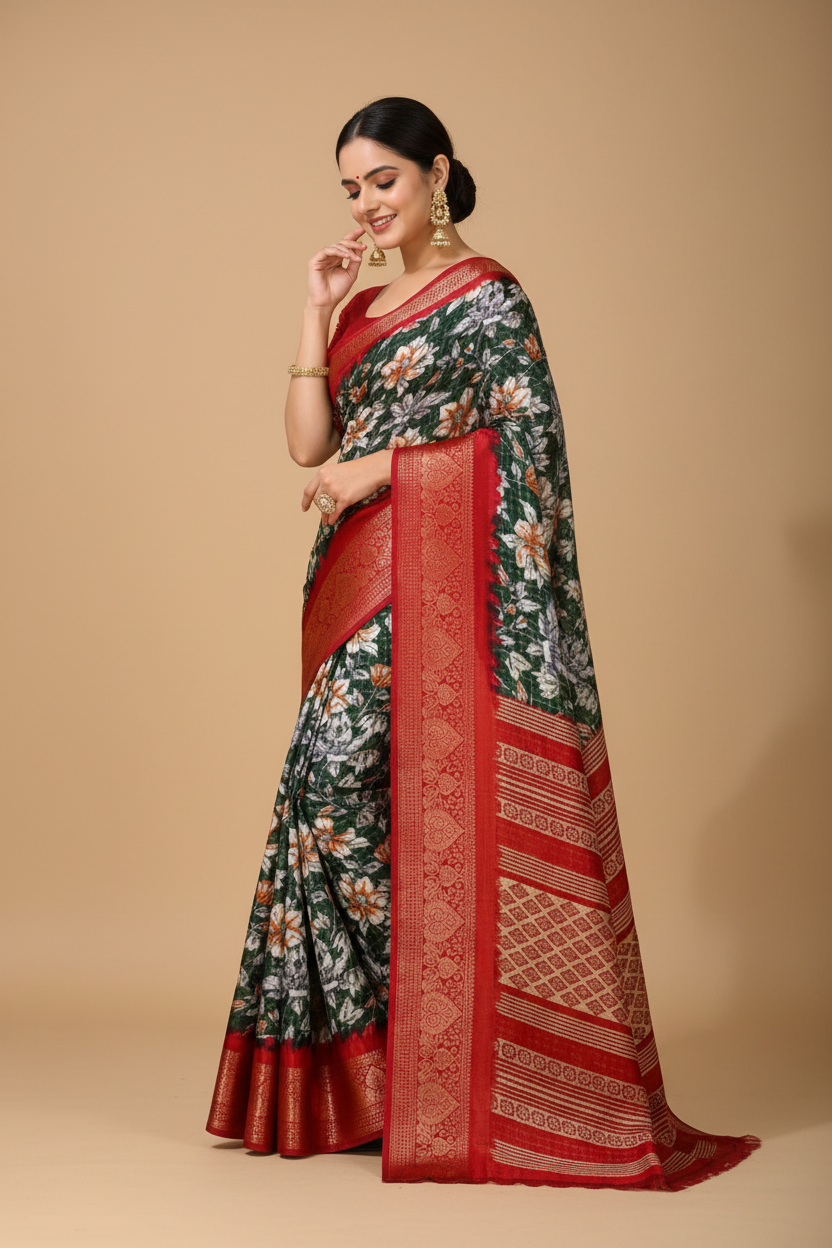 Snuggle Spot Women's Soft Dola Cotton Kalamkari Printed Saree With Unstitched Blouse 5.5Mtr (Green)