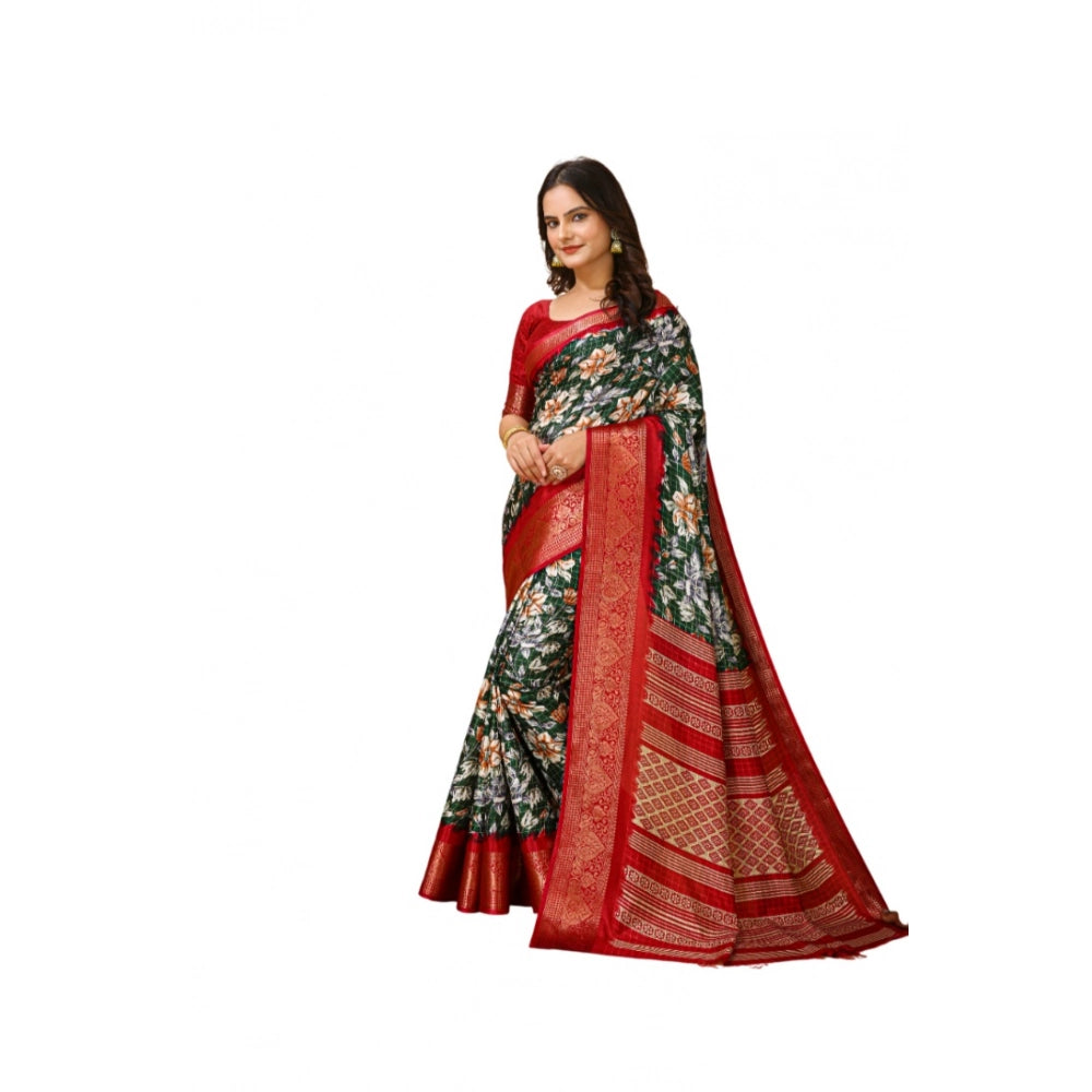 Snuggle Spot Women's Soft Dola Cotton Kalamkari Printed Saree With Unstitched Blouse 5.5Mtr (Green)