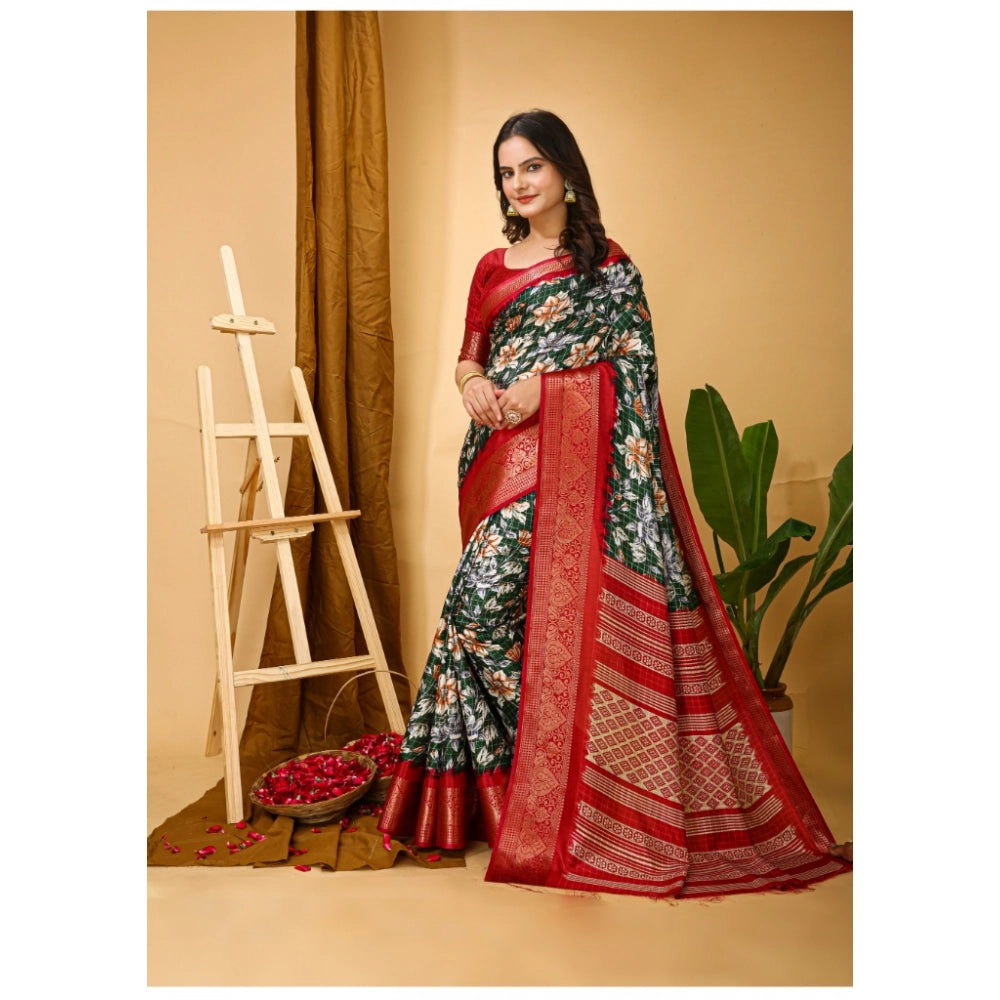 Snuggle Spot Women's Soft Dola Cotton Kalamkari Printed Saree With Unstitched Blouse 5.5Mtr (Green)