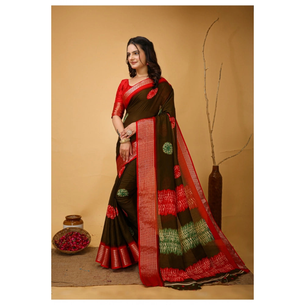 Snuggle Spot Women's Soft Blooming Marshmallow Fabric Kalamkari Printed Saree With Unstitched Blouse 5.5Mtr (Mehendi)
