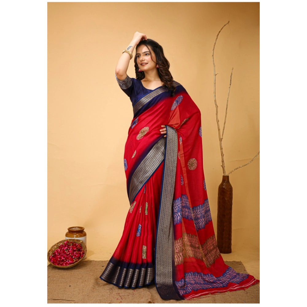 Snuggle Spot Women's Soft Blooming Marshmallow Fabric Kalamkari Printed Saree With Unstitched Blouse 5.5Mtr (Red)