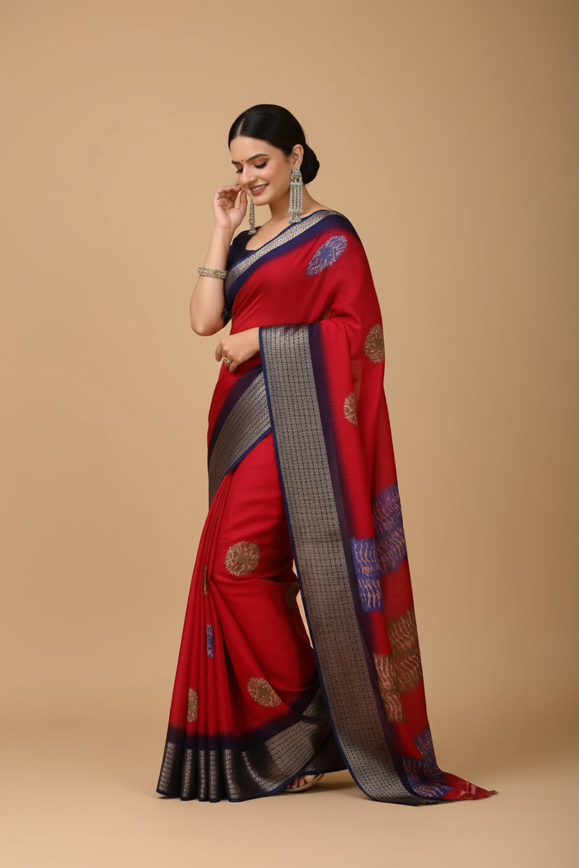 Snuggle Spot Women's Soft Blooming Marshmallow Fabric Kalamkari Printed Saree With Unstitched Blouse 5.5Mtr (Red)