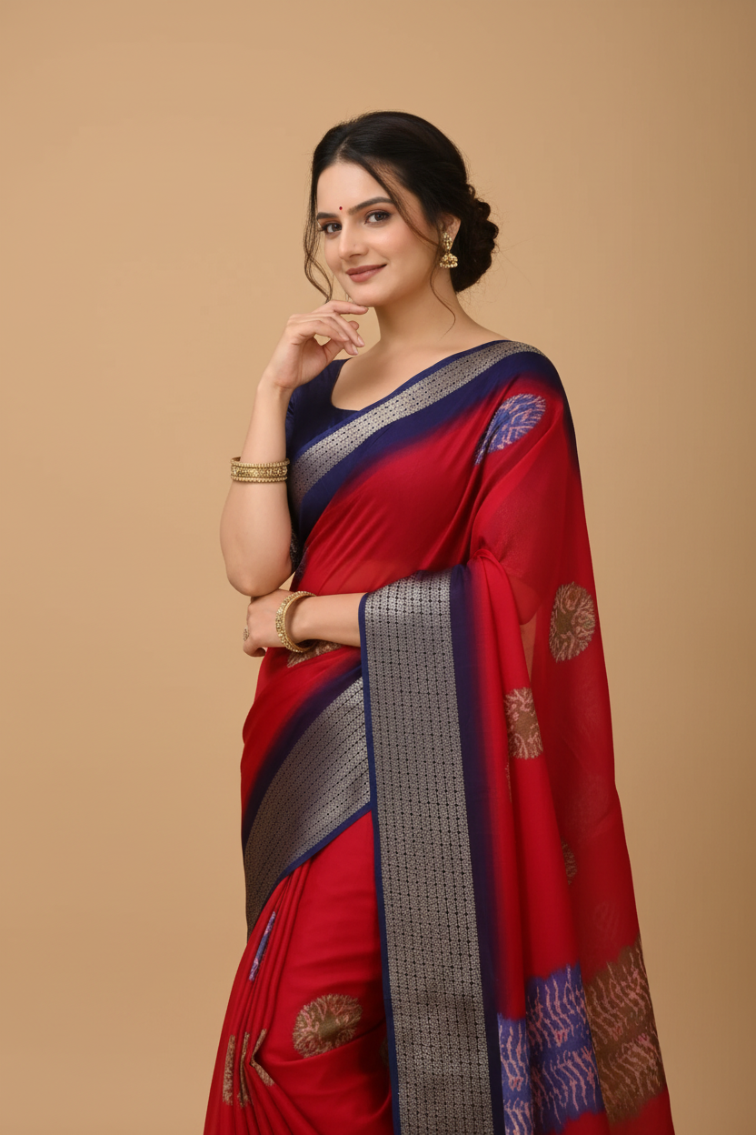 Snuggle Spot Women's Soft Blooming Marshmallow Fabric Kalamkari Printed Saree With Unstitched Blouse 5.5Mtr (Red)