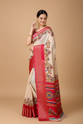 Snuggle Spot Women's Soft Dola Cotton Kalamkari Printed Saree With Unstitched Blouse 5.5Mtr (Red)
