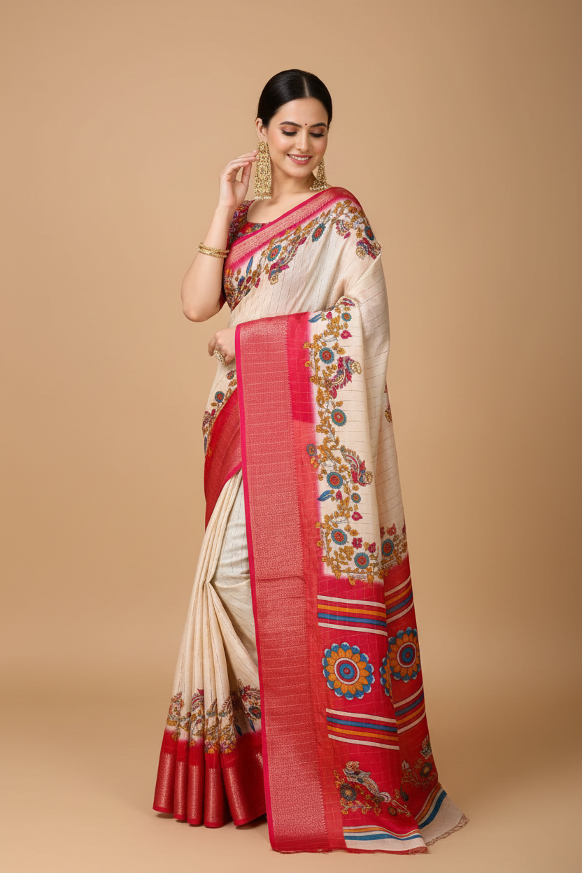 Snuggle Spot Women's Soft Dola Cotton Kalamkari Printed Saree With Unstitched Blouse 5.5Mtr (Red)