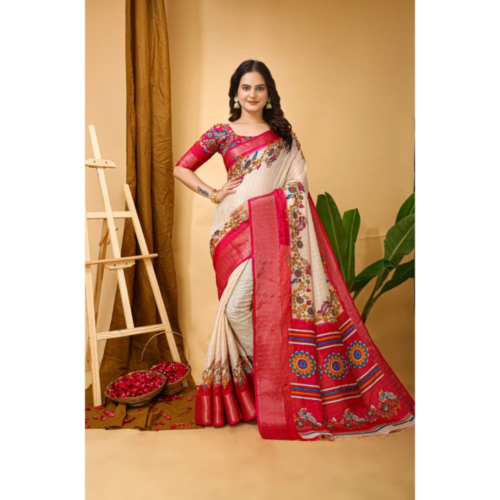 Snuggle Spot Women's Soft Dola Cotton Kalamkari Printed Saree With Unstitched Blouse 5.5Mtr (Red)