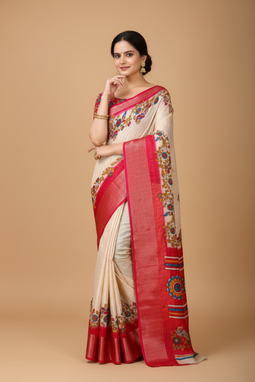Snuggle Spot Women's Soft Dola Cotton Kalamkari Printed Saree With Unstitched Blouse 5.5Mtr (Red)