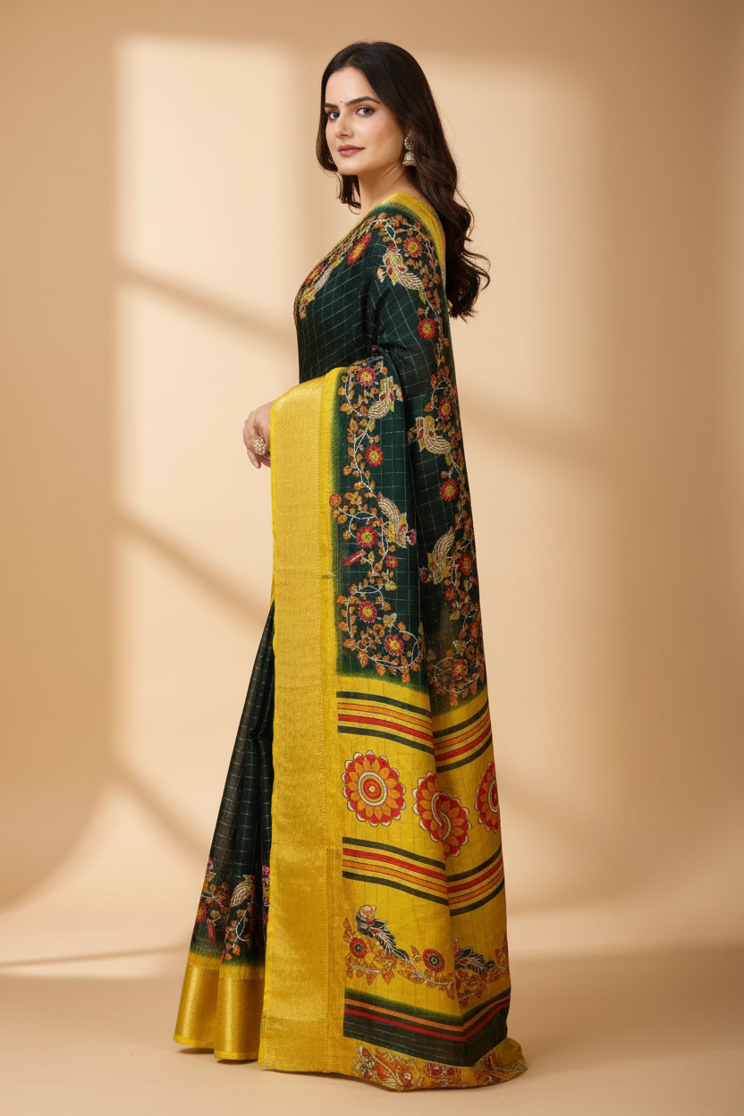 Snuggle Spot Women's Soft Dola Cotton Kalamkari Printed Saree With Unstitched Blouse 5.5Mtr (Green)