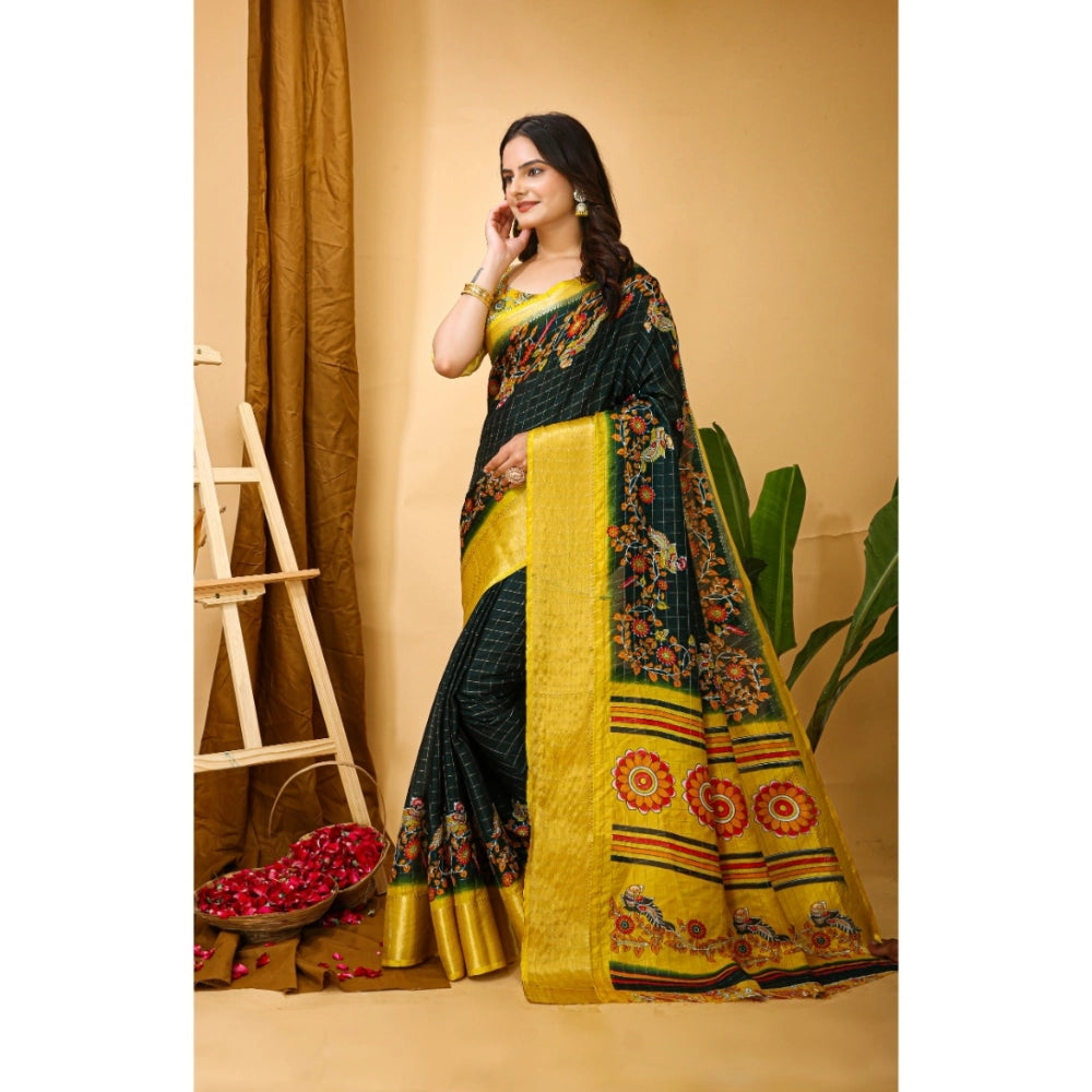 Snuggle Spot Women's Soft Dola Cotton Kalamkari Printed Saree With Unstitched Blouse 5.5Mtr (Green)