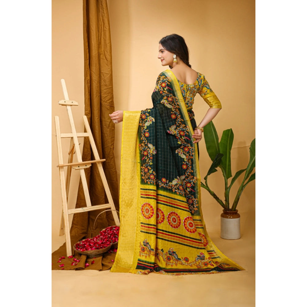 Snuggle Spot Women's Soft Dola Cotton Kalamkari Printed Saree With Unstitched Blouse 5.5Mtr (Green)
