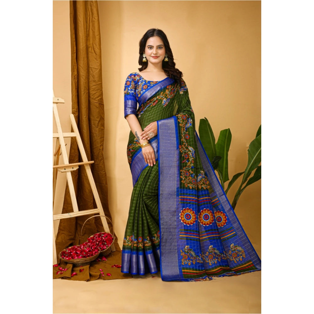 Snuggle Spot Women's Soft Dola Cotton Kalamkari Printed Saree With Unstitched Blouse 5.5Mtr (Mehendi)